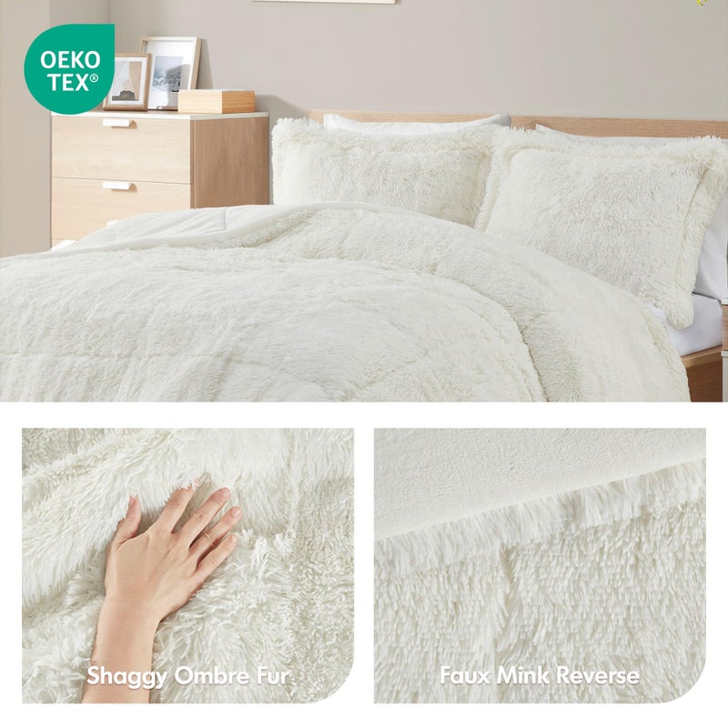 Intelligent Design Malea Shaggy Comforter Set, Long Faux Fur Cozy Down Alternative, Modern Casual Ultra Soft All Season Fluffy Bedding with Matching Sham, King/Cal King, Ivory 3 Piece - Image 2